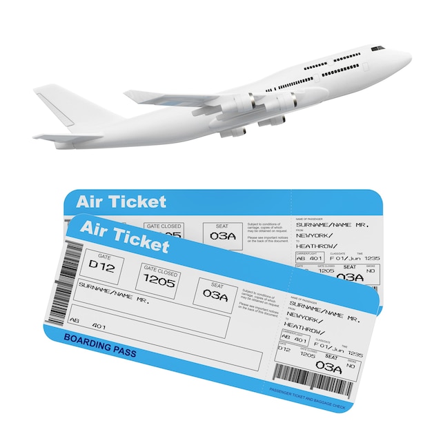 White Jet Passenger's vliegtuig met Airline Boarding Pass Tickets op een witte achtergrond. 3D-rendering