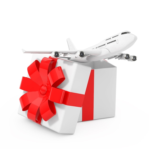 White Jet Passengers Airplane Fly Out of the Gift Box with Red Ribbon and Bow on a white background. 3d Rendering