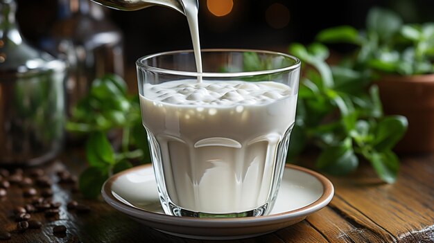 A white JUG of milk with latte art on the milk