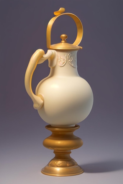 A white jug with a gold handle sits on a table.