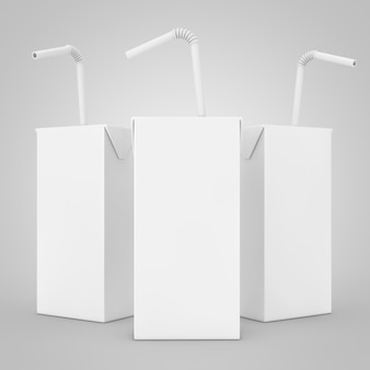 Succo bianco, yogurt o scatola di latte con cannuccia e spazio libero per il tuo design su sfondo bianco. rendering 3d