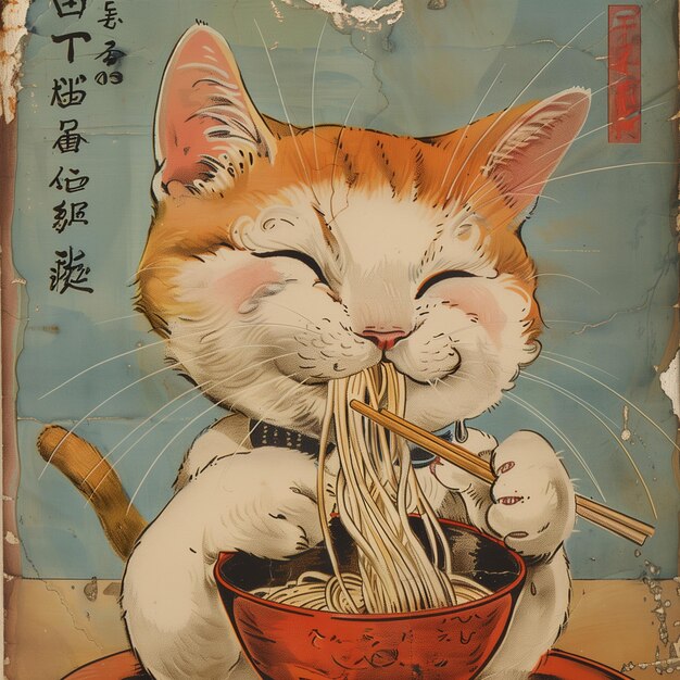 Белая кошка кавайи с удовольствием ест лапшу рамен Азиатская иллюстрация дизайна плаката для меню