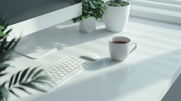 a white keyboard sits on a white desk with a plant on it