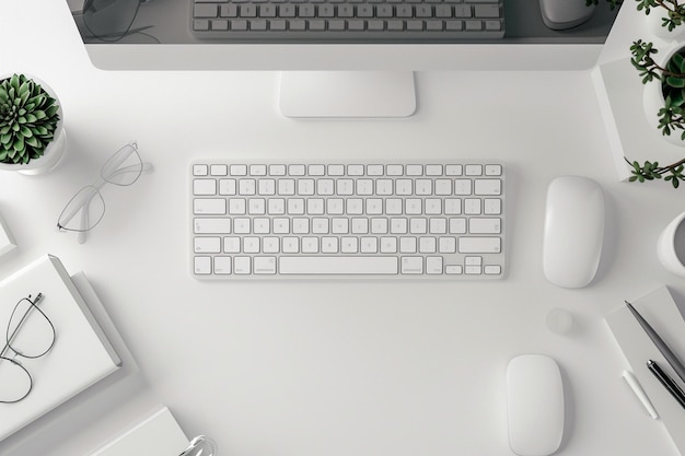 a white keyboard sits on a white table with the letters q and the number 3 on it