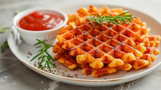 Over a white kitchen backdrop sweet potato waffle fries are available with a tiny white bowl of tomato sauce green lush herbs over top and space Generative AI