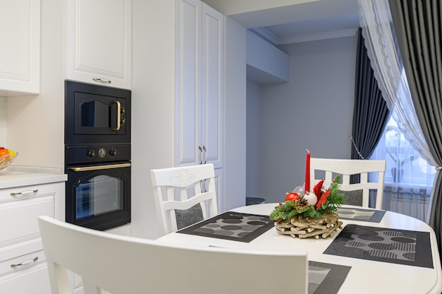 White kitchen in classic style just before the Christmas