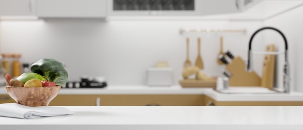 Foto controsoffitto bianco della cucina con ciotola di verdure, tovagliolo e spazio per l'esposizione del prodotto di montaggio su sfondo sfocato della cucina moderna e luminosa. rendering 3d, illustrazione 3d