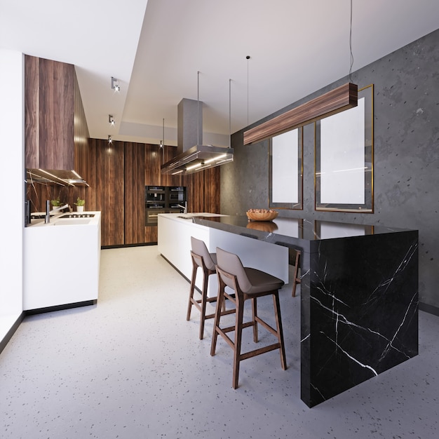 Mobili da cucina bianchi con isola cucina e bar all'interno del sottotetto. rendering 3d