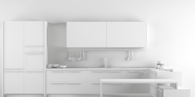 Foto fondo monocromatico interno 3d della cucina bianca che rende l'illustrazione 3d