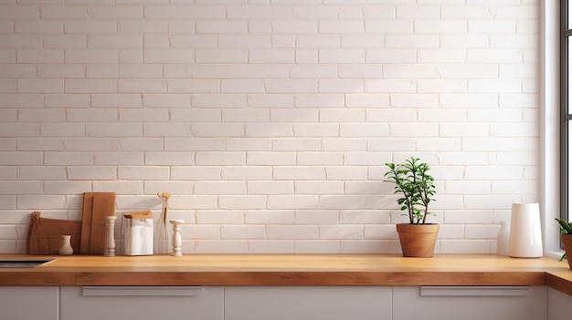 white kitchen interior with a brick wall a wooden shelf and a shelf