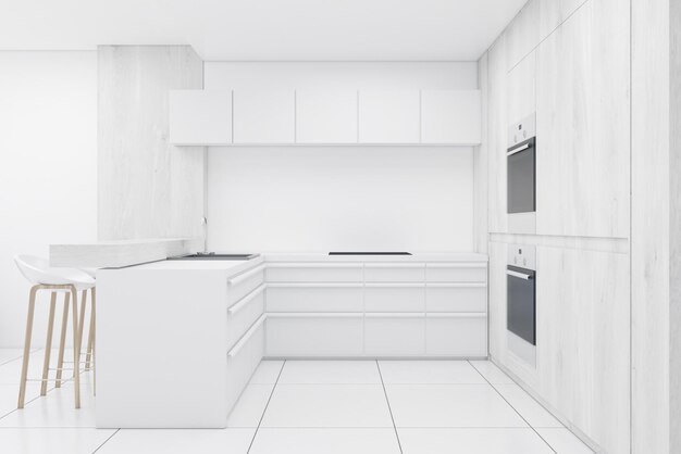 Foto interno bianco della cucina con banconi, due forni integrati e un bar. rappresentazione 3d.