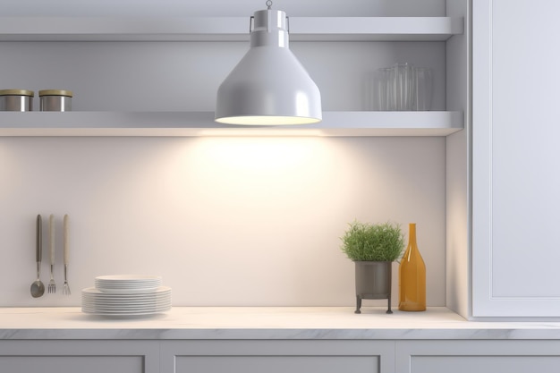 white kitchen interior with lit lamp background for products