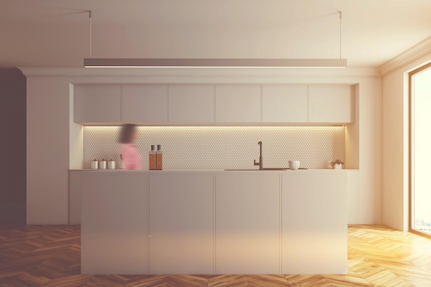 White kitchen interior wooden floor