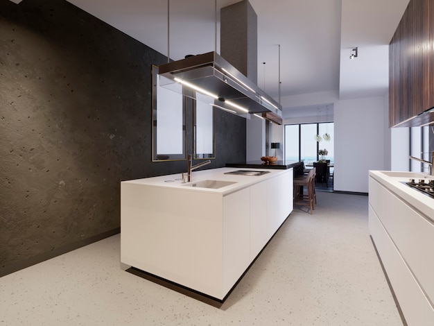 White kitchen island on the background of a concrete wall with paintings. Modern kitchen and kitchen furniture, 3D rendering.