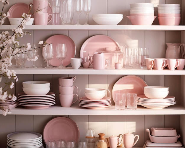 Photo white kitchen shelves with pink crockery and kitchen utensils