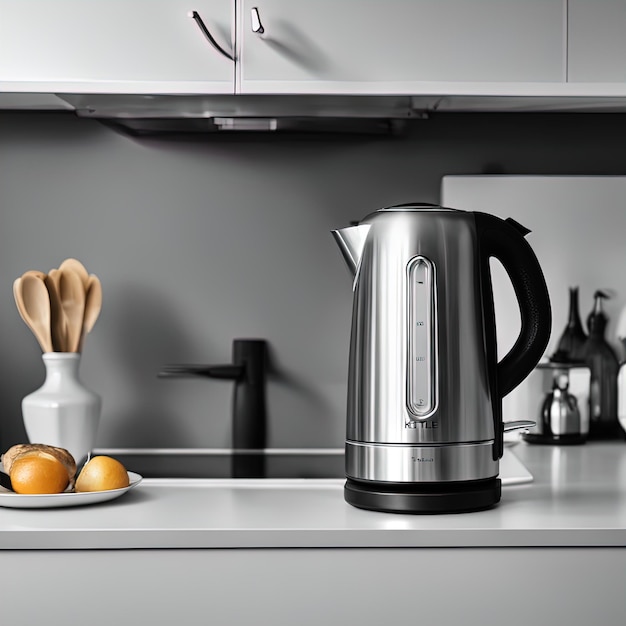 Photo white kitchen stove with black teapot on white backgroundmodern coffee maker and cup on table near k