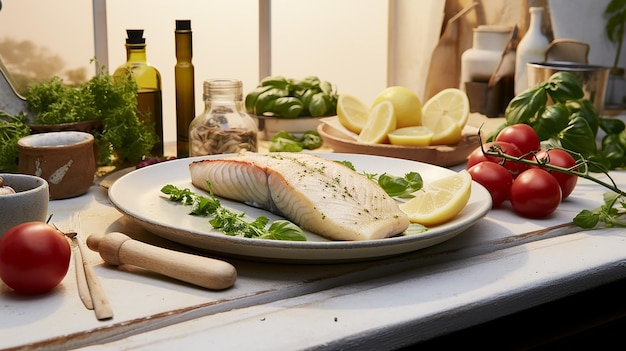 Photo white kitchen table with plate of veggies and grilled food