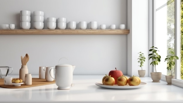 テーブルの装飾の背景にリンゴが付いた白いキッチン