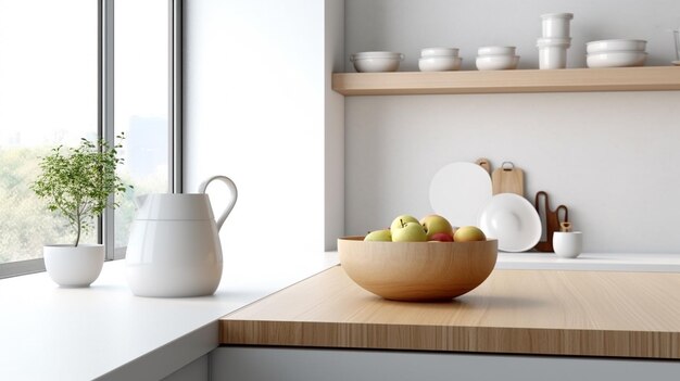 Photo white kitchen with an apple on table decoration background