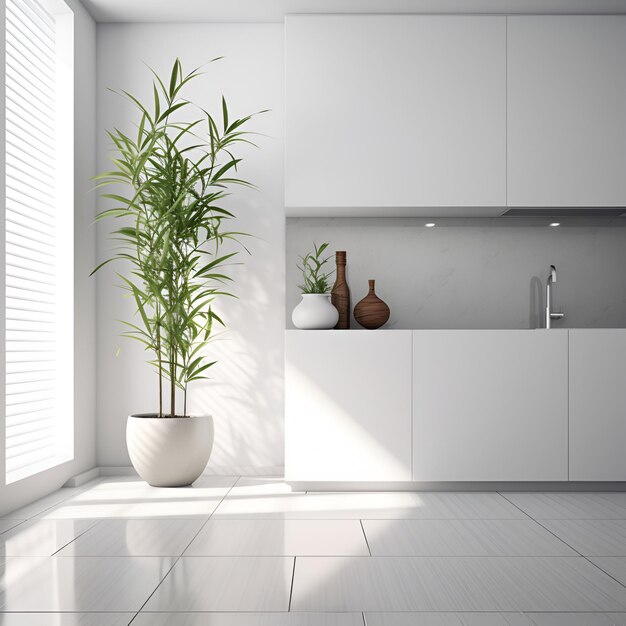 White kitchen with plant feng shui style