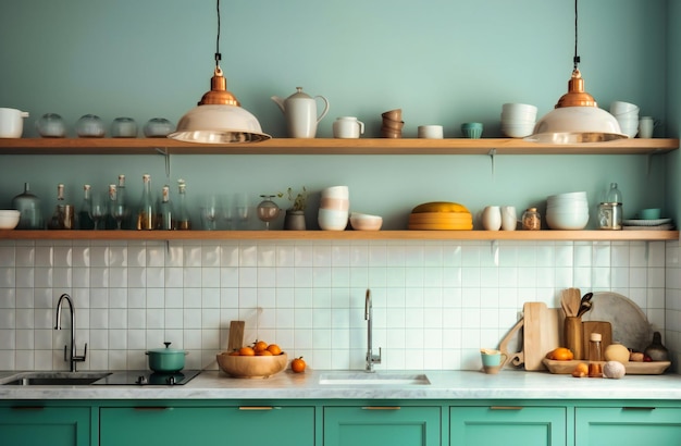 White kitchen with shelves at the back wall