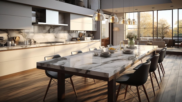 White kitchen with sleek black appliances and marble countertops