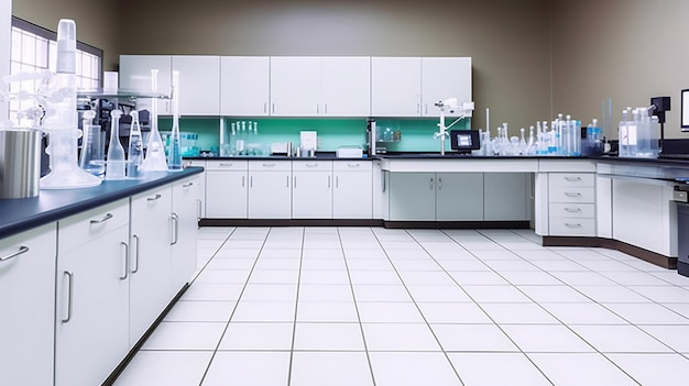 A white kitchen with a white counter and cabinets with a green counter top.