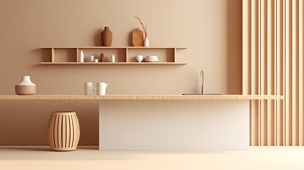 a white kitchen with wooden counter top with wooden racks