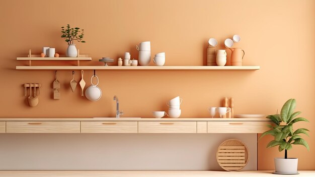 a white kitchen with wooden counter top with wooden racks