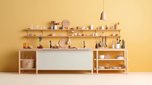 a white kitchen with wooden counter top with wooden racks