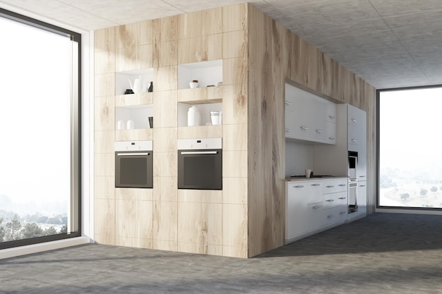 White kitchen with wooden countertops, panoramic windows, two ovens and a concrete floor. 3d rendering.