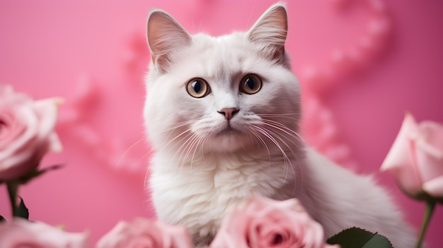 White kitten on a bright background with flowers