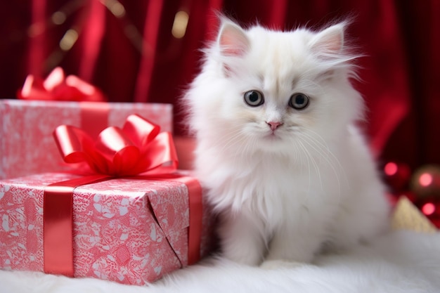 White kitten on a Christmas present