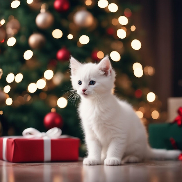 White kitten on a christmas present