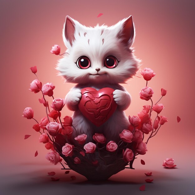 Photo a white kitten holding a heart in a vase of roses generative ai