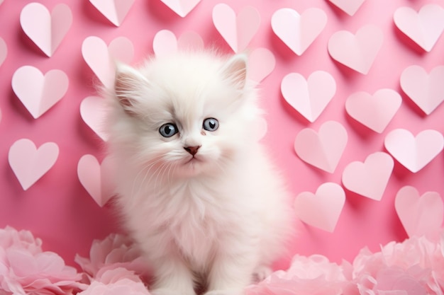 A white kitten is lying on paper hearts