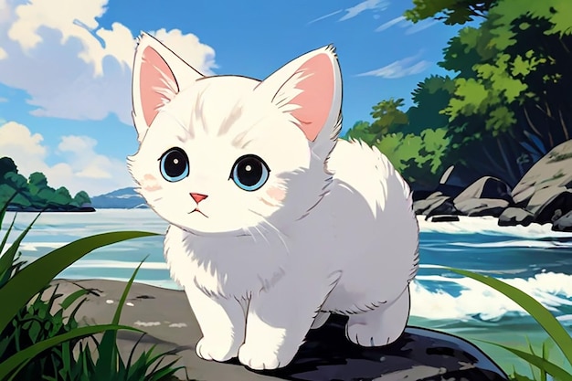 a white kitten is standing on a rock by the water