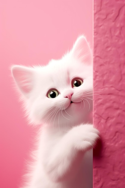 Photo white kitten peeking out from behind pink wall with its paw on the corner generative ai