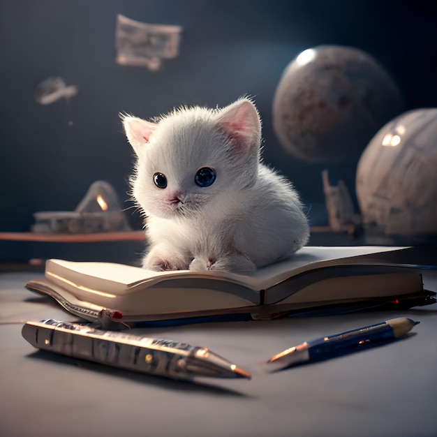 A white kitten sits on a book with a blue pen on it.