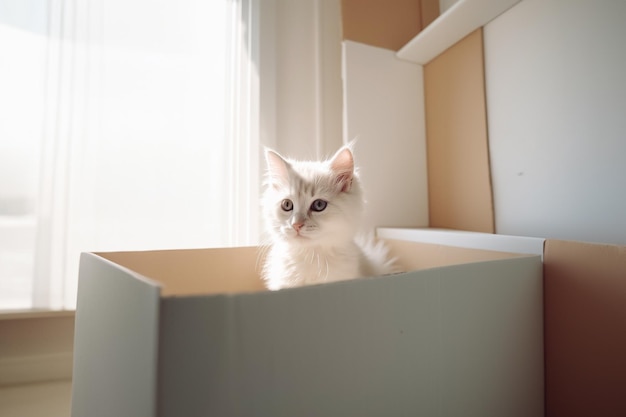 Photo white kitten sits in a white box in a new house sunny daylight with copy space generative ai