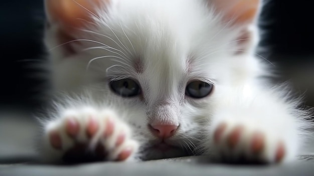 A white kitten with blue eyes and a black nose is laying on its side.