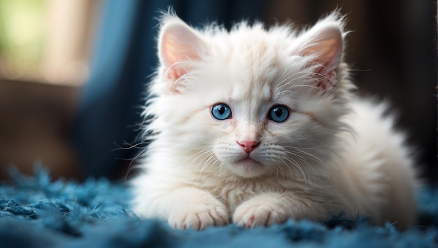 Photo a white kitten with blue eyes is lying in a bed of blue and white flowers