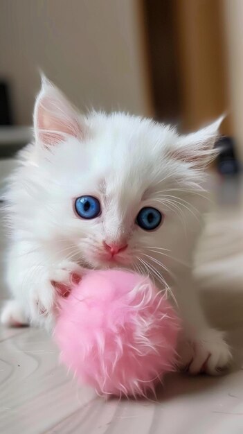 Фото Белый котенок с голубыми глазами лежит на пушистом одеяле