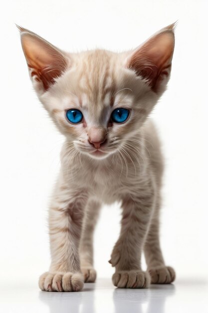 Белый котенок с голубыми глазами смотрит прямо вперед.