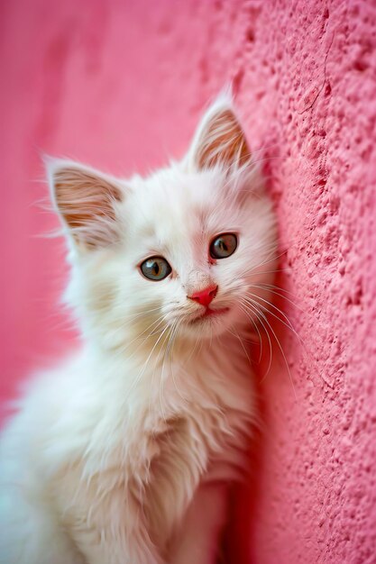 Foto gattino bianco con sfondo rosa e naso rosso