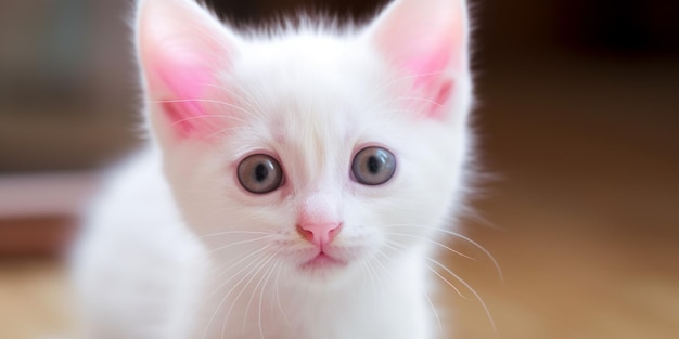 A white kitten with pink ears and blue eyes