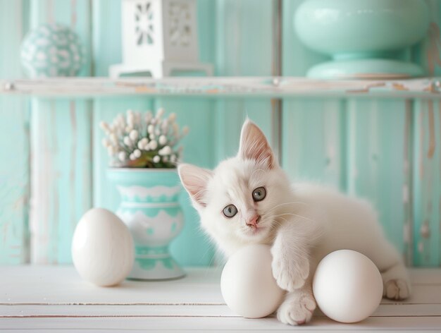 A white kitten with striking eyes lies beside eggs on a pastel shelf adorned with vases