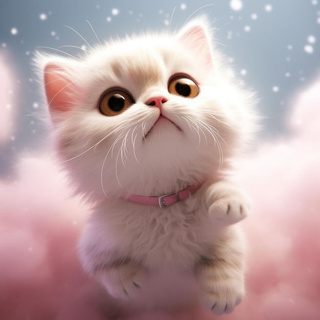 a white kitten with yellow eyes and a pink collar is sitting on a cloud