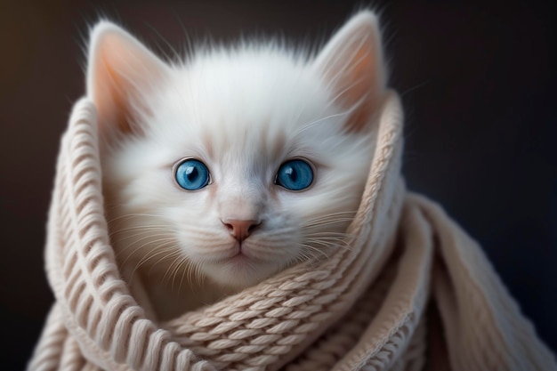 A white kitten wrapped in a scarf with blue eyes