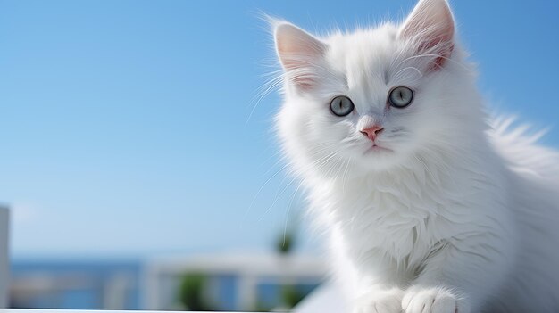 A white kitty is sitting on the windowsill surrounded by blue sky